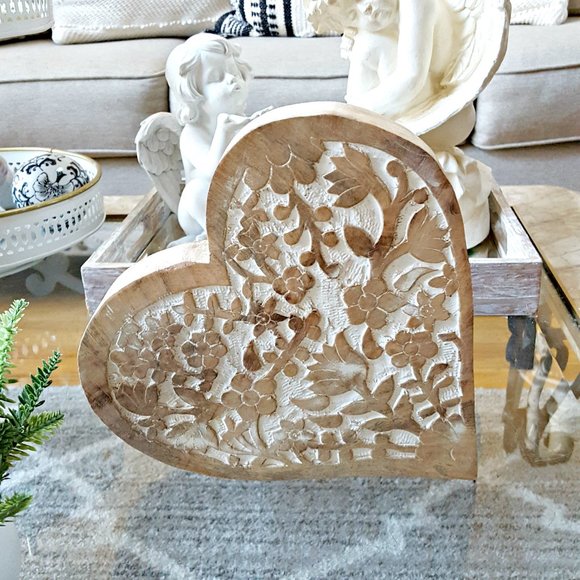 NEW! BOHO Washed WEDDING CARVED SOLID WOOD HEART - Picture 2 of 4